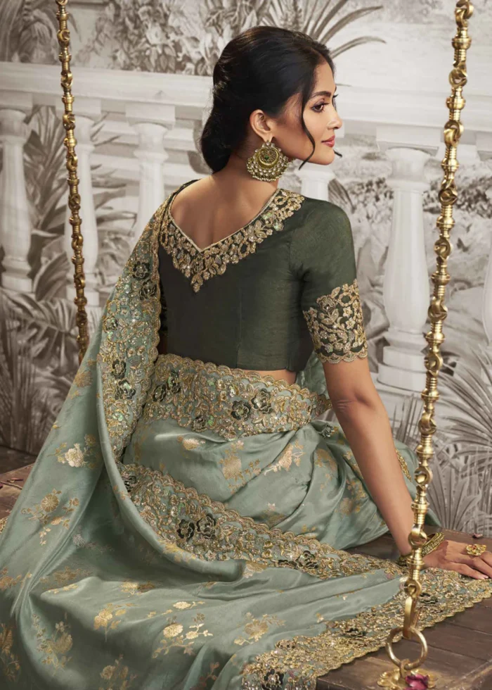 Sage Green Embroidered Silk Saree