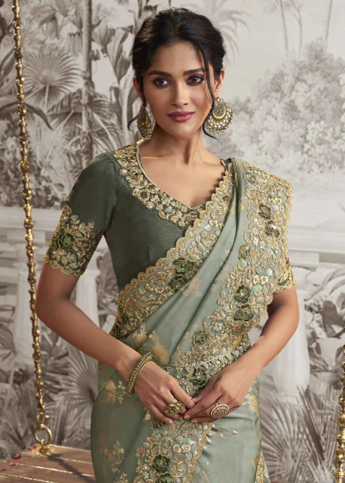 Sage Green Embroidered Silk Saree