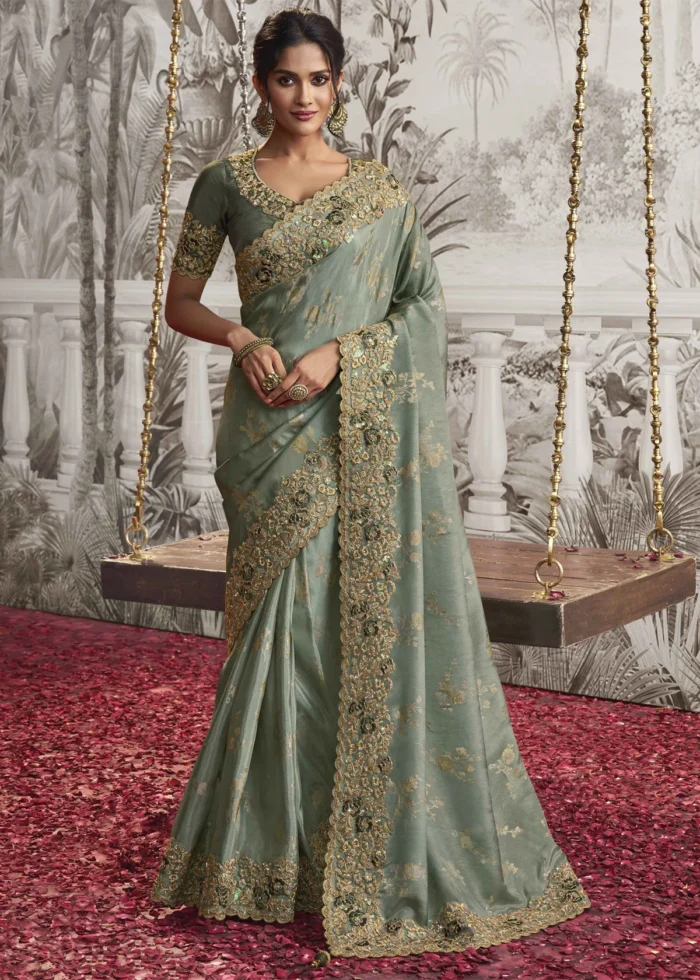 Sage Green Embroidered Silk Saree