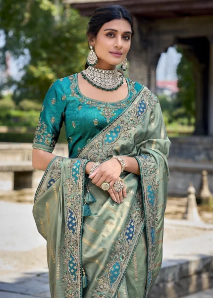 Sea Green Banarasi Saree with Embroidery Work