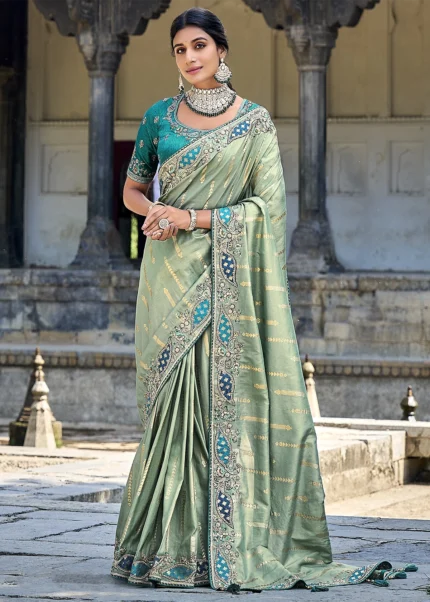 Sea Green Banarasi Saree with Embroidery Work