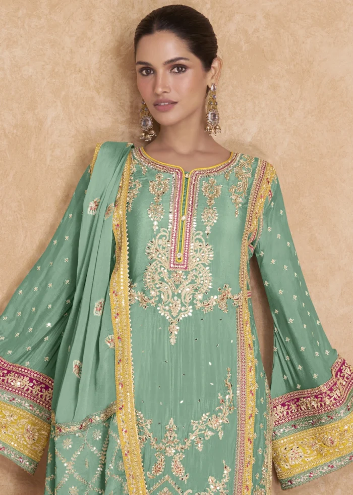 Sea Green Palazzo Suit with Heavy Work