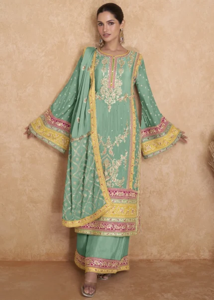 Sea Green Palazzo Suit with Heavy Work