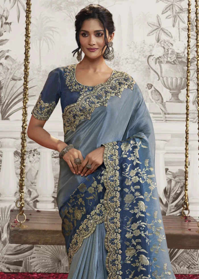 Shaded Blue Embroidered Silk Saree