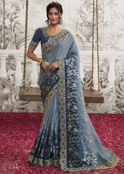 Shaded Blue Embroidered Silk Saree