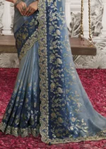 Shaded Blue Embroidered Silk Saree