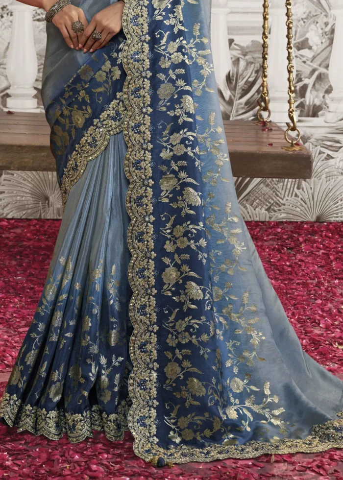 Shaded Blue Embroidered Silk Saree