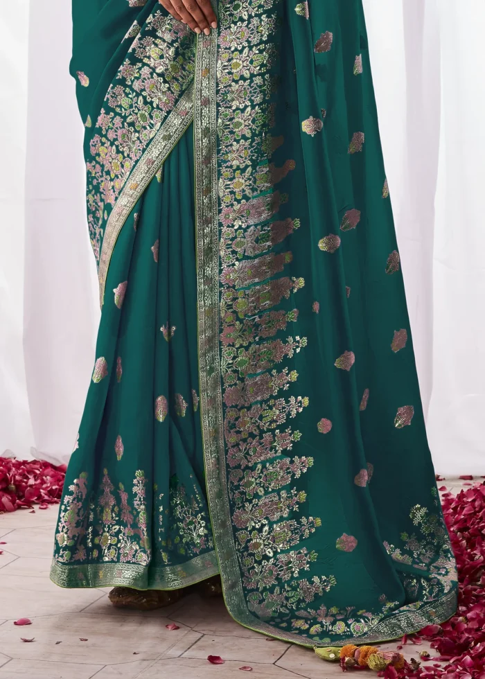 Teal Green Kora Silk Saree