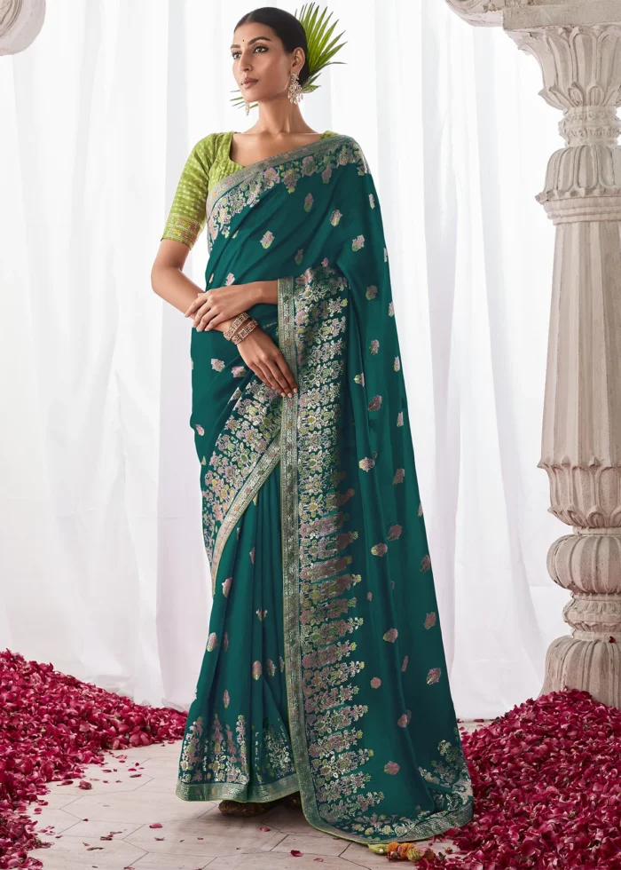 Teal Green Kora Silk Saree