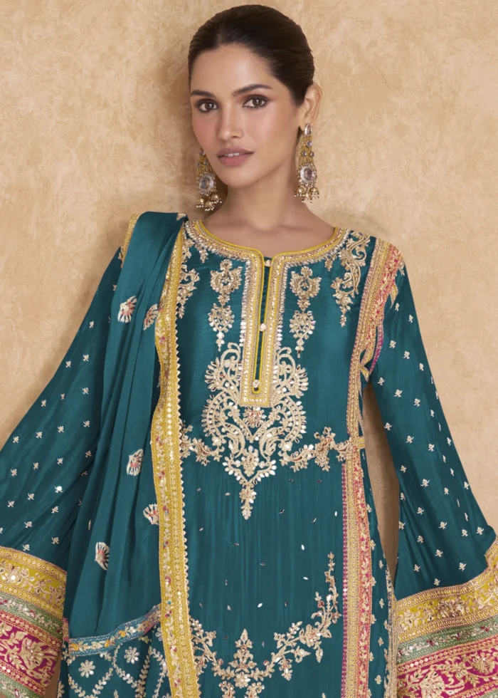 Teal Palazzo Suit with Heavy Work