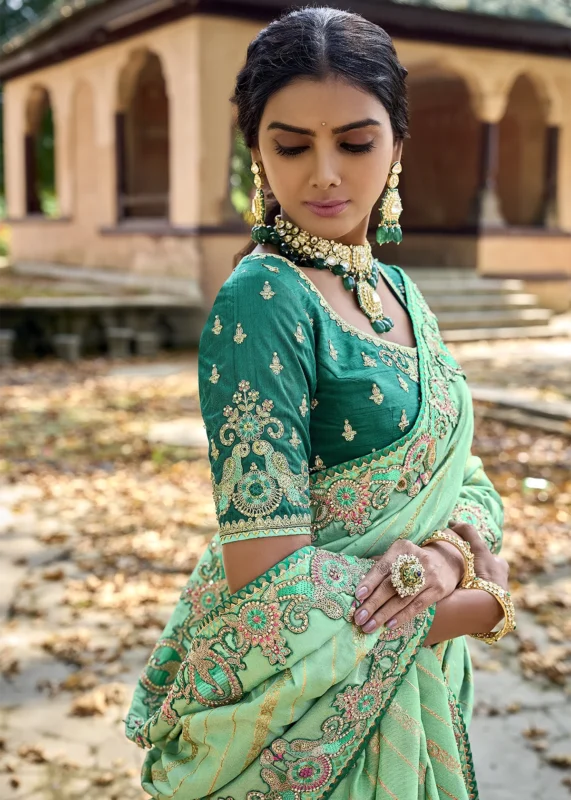 Turquoise Green Banarasi Saree with Embroidery Work