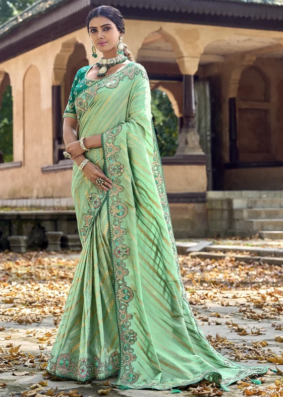 Turquoise Green Banarasi Saree with Embroidery Work