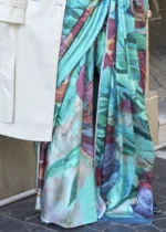 Turquoise Satin Crepe Saree