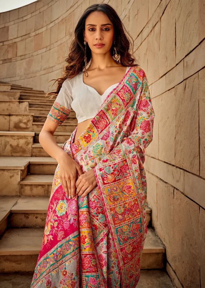 White Kashmiri Jamawar Saree