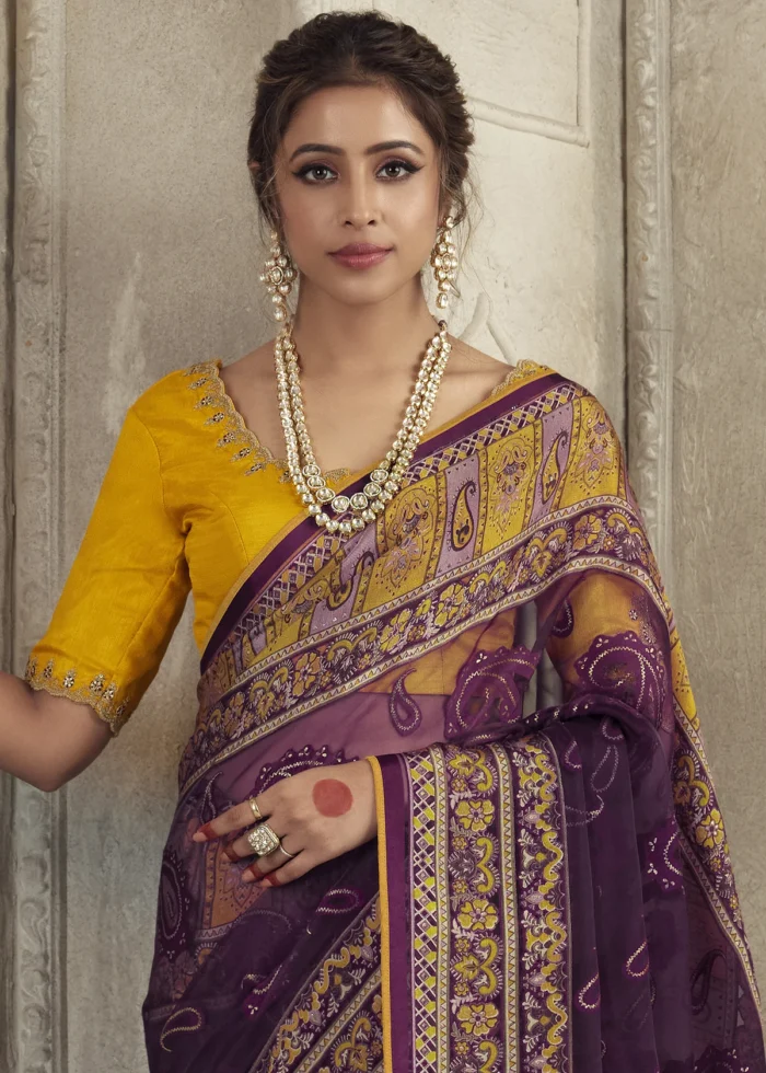 Wine Organza Brasso Saree