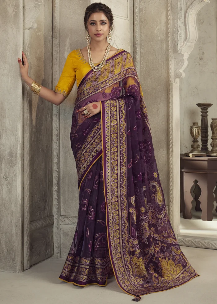 Wine Organza Brasso Saree