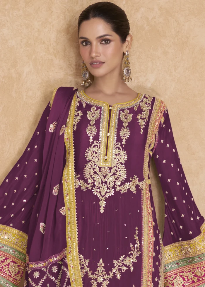 Wine Palazzo Suit with Heavy Work