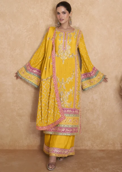 Yellow Palazzo Suit with Embroidery