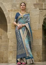 Aqua Blue Printed Soft Silk Saree