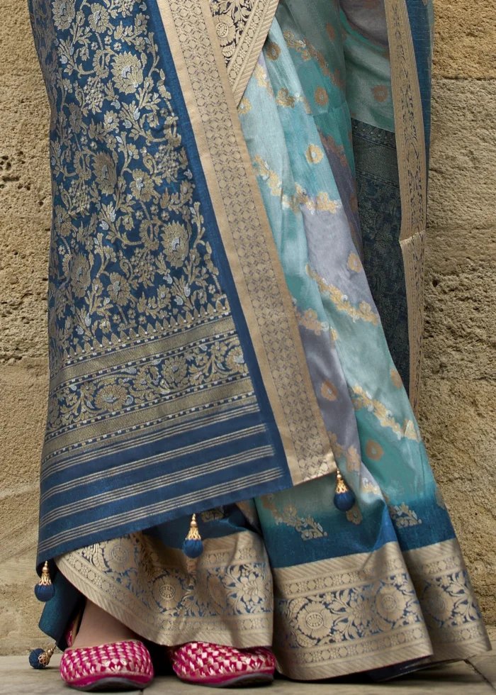 Aqua Blue Printed Soft Silk Saree