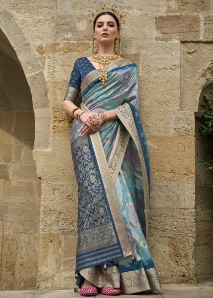 Aqua Blue Printed Soft Silk Saree