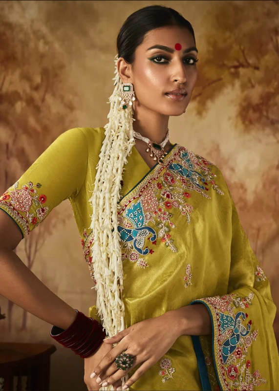 Aureolin Yellow Kanjivaram Silk Saree with Embroidery Work