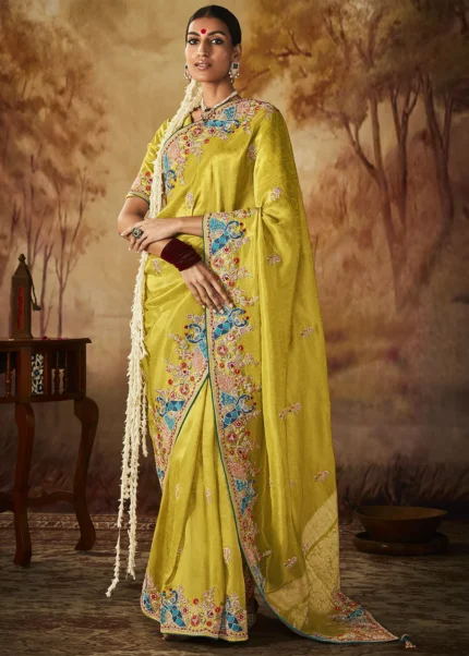 Aureolin Yellow Kanjivaram Silk Saree with Embroidery Work