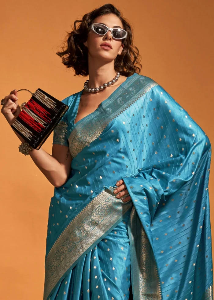 Azure Blue Banarasi Satin Silk Saree