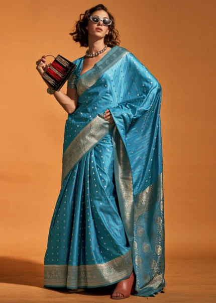 Azure Blue Banarasi Satin Silk Saree