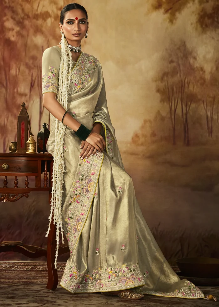 Beige Kanjivaram Silk Saree with Embroidery Work