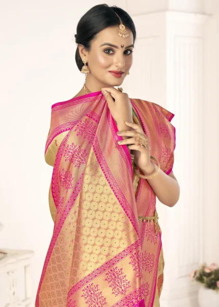 Beige and Pink Kanjivaram Saree