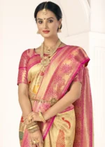 Beige and Pink Kanjivaram Saree