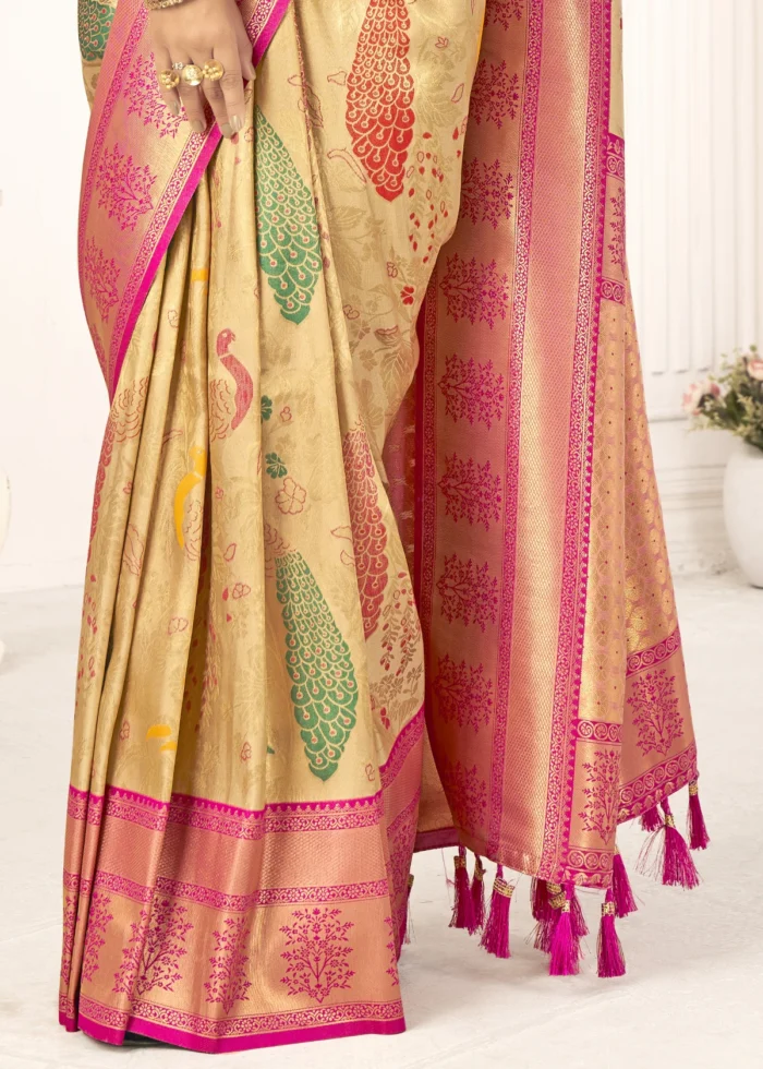 Beige and Pink Kanjivaram Saree