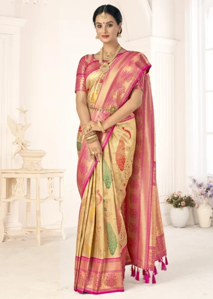 Beige and Pink Kanjivaram Saree