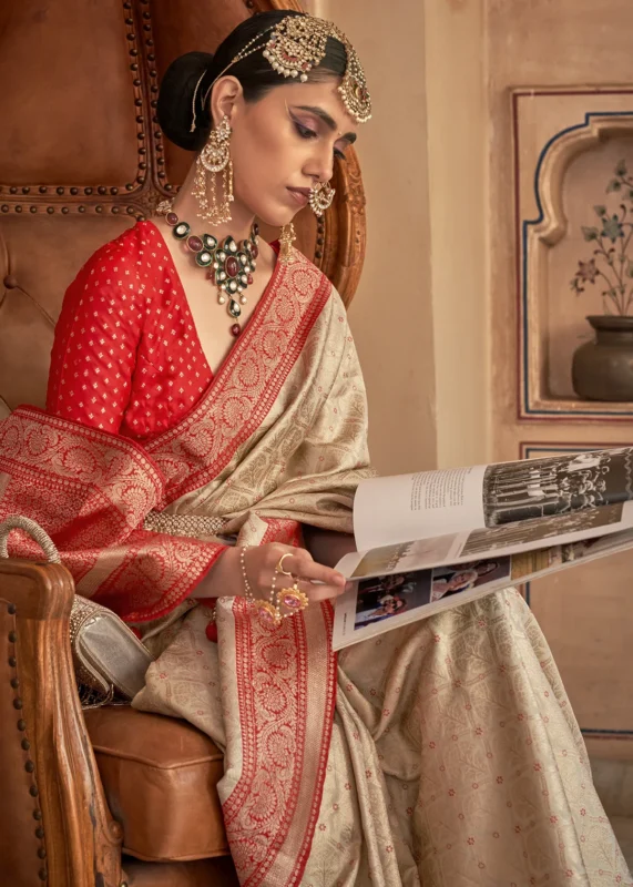 Beige and Red Banarasi Saree