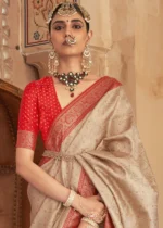 Beige and Red Banarasi Saree