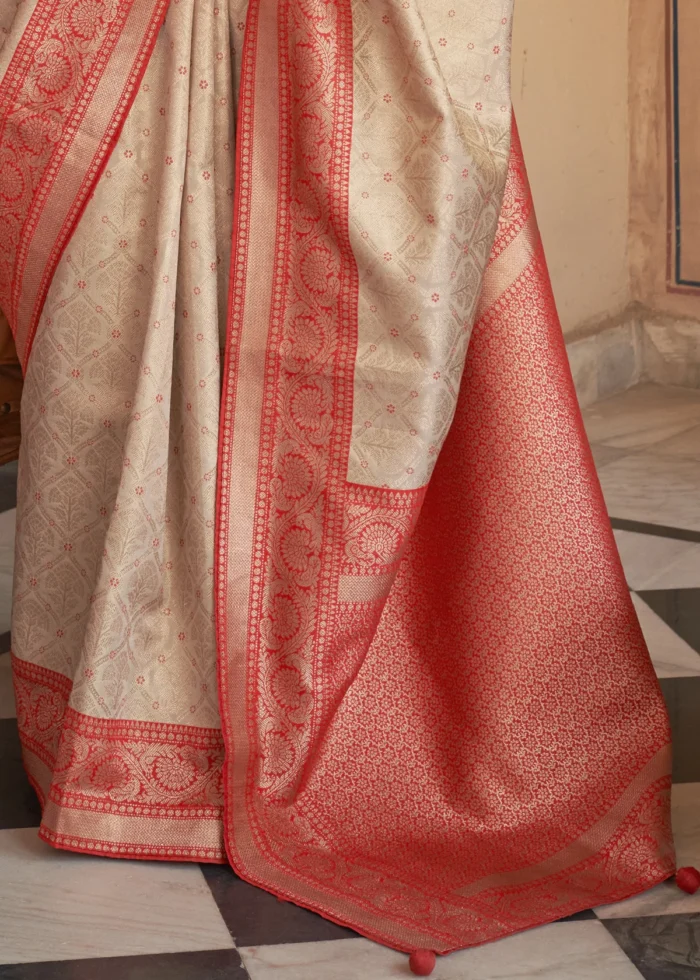 Beige and Red Banarasi Saree