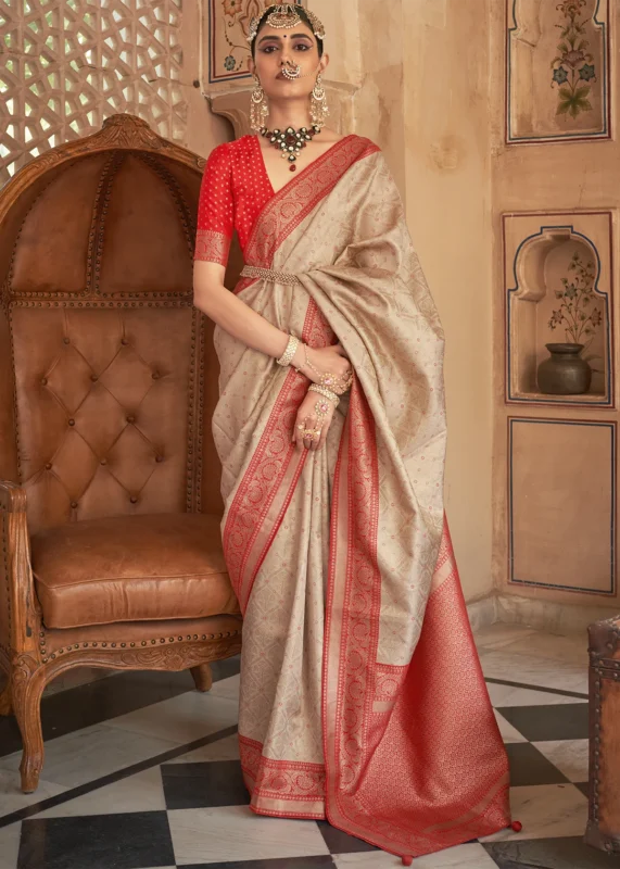 Beige and Red Banarasi Saree