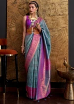 Blue Silk Saree with Contrast Blouse