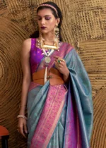 Blue Silk Saree with Contrast Blouse