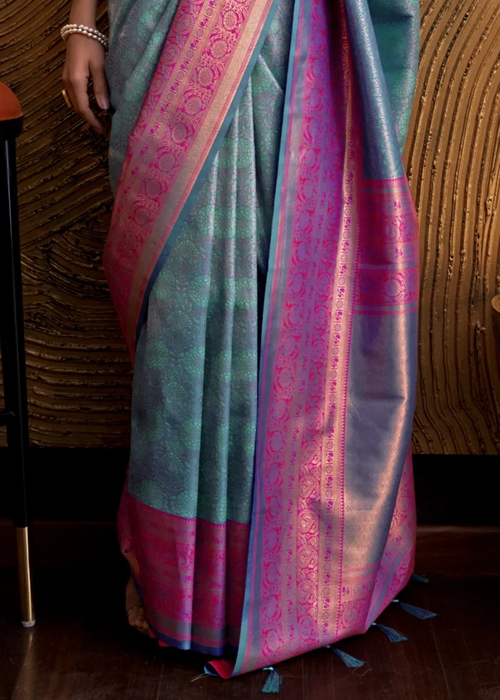 Blue Silk Saree with Contrast Blouse