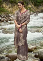 Brown Embroidered Silk Saree