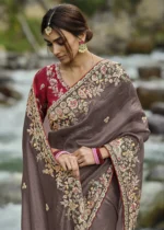 Brown Embroidered Silk Saree