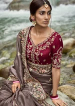 Brown Embroidered Silk Saree