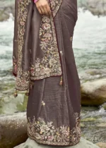 Brown Embroidered Silk Saree