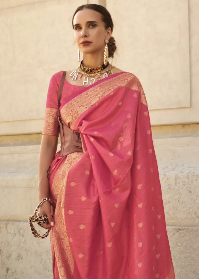 Coral Peach Banarasi Khaddi Silk Saree