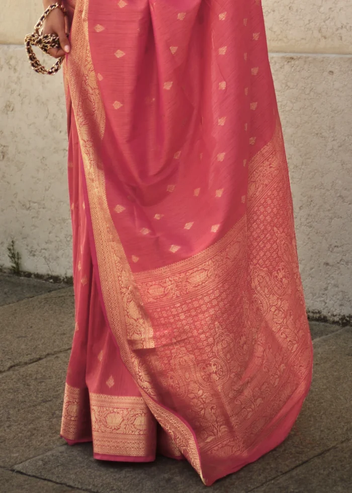 Coral Peach Banarasi Khaddi Silk Saree