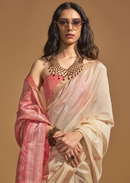 Cream Banarasi Silk Saree