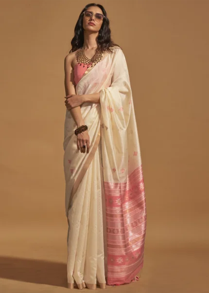 Cream Banarasi Silk Saree