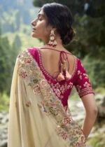 Cream Embroidered Organza Saree